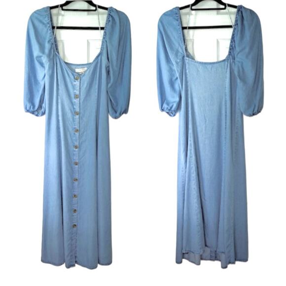 Zara Chambray Midi Dress Puff Sleeves Off-the-Shoulder Blogger’s Favorite Medium - Picture 4 of 9